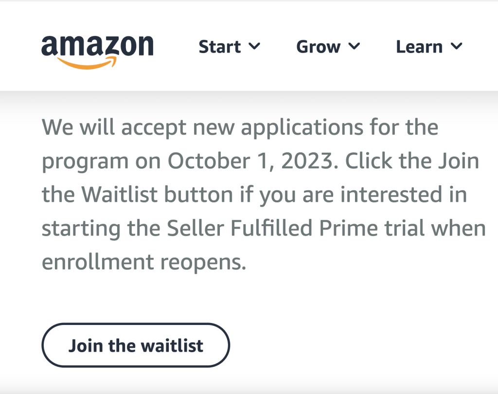 Screenshot from Amazon's platform noting that it will begin to accept new applications for Seller Fulfilled Prime on October 1, 2023.