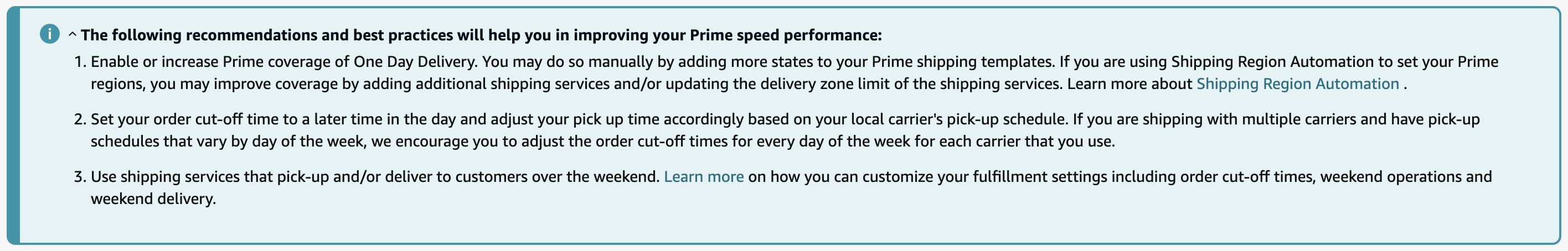 Screenshot from an Amazon account listing different recommendations and best practices to help improve the seller's Prime speed performance.
