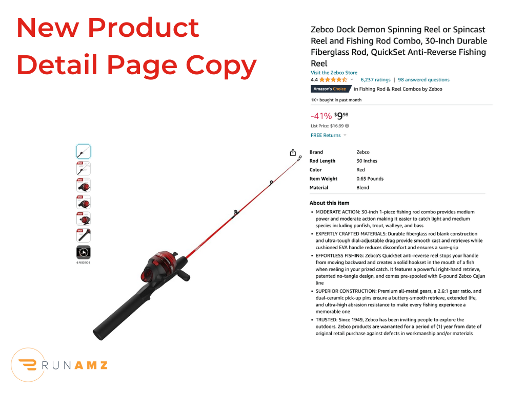 A red title saying "new product detail page copy" and a screenshot of a Zebco spincast reel. An orange Run AMZ logo at the bottom left corner.