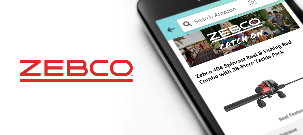 Red Zebco logo and a screenshot of the brand's Amazon storefront, featuring one of their popular fishing rods.