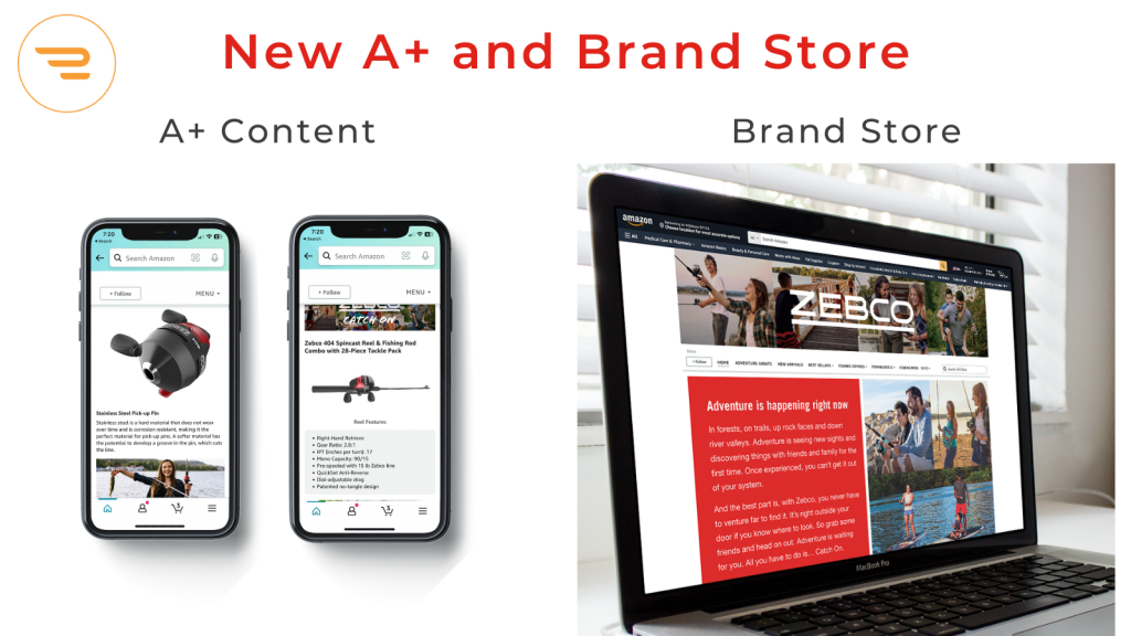 Multiple example screenshots of new A+ Content and a brand storefront that Run AMZ created for Zebco's Amazon store. An orange Run AMZ logo at the top left corner.