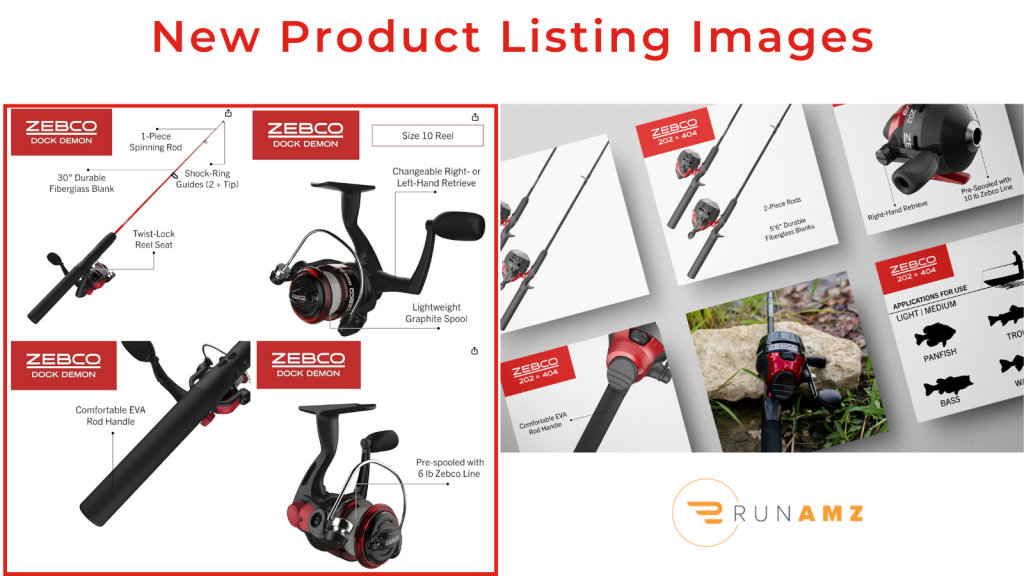 Multiple example screenshots of new product listing images that Run AMZ created for the Zebco brand. The screenshots are of fishing rods and reels on Amazon. An orange Run AMZ logo at the bottom left corner.