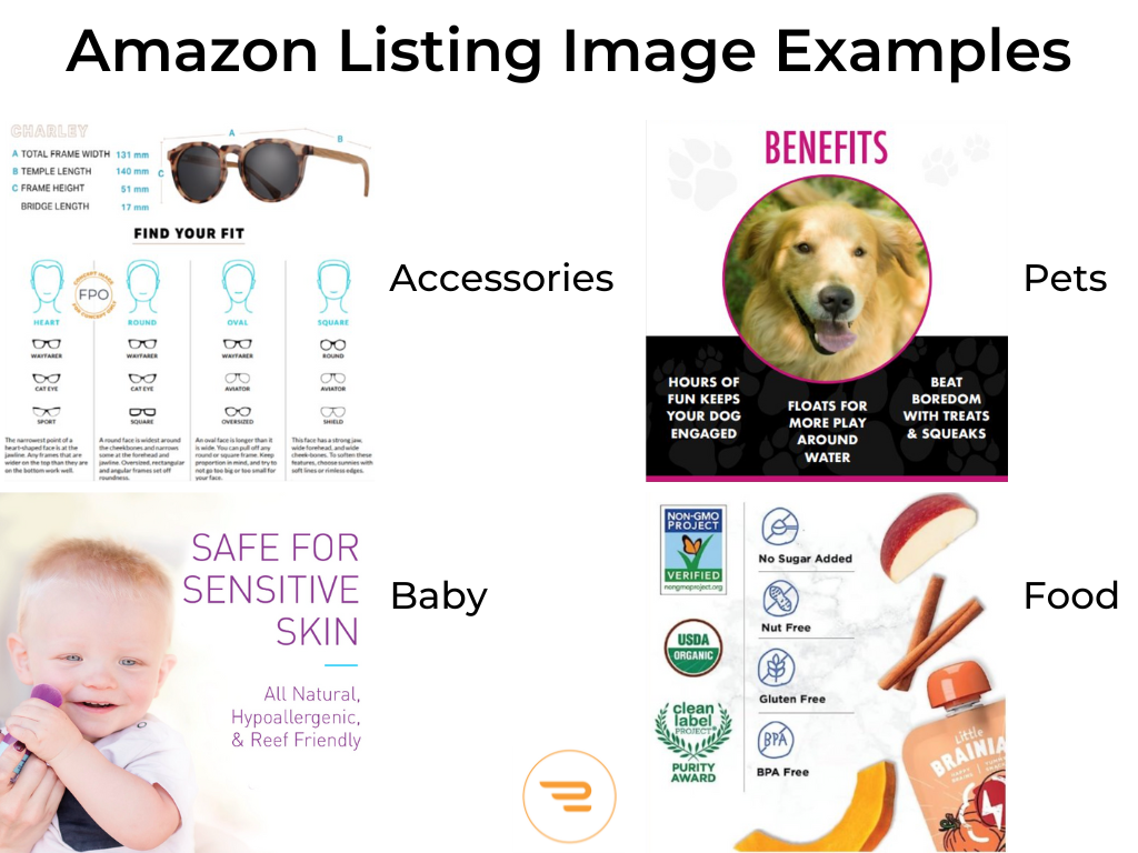 4 examples of Amazon listing images for different categories including accessories, baby, pets, and food.