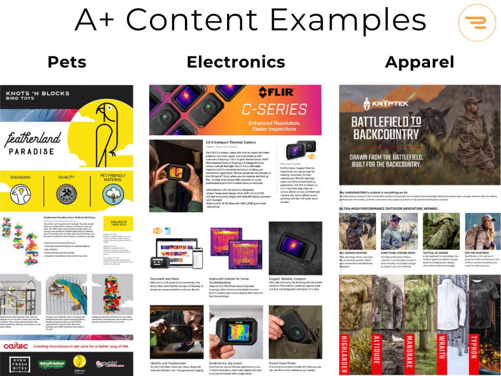 3 screenshot examples of Amazon A+ Content across the pets, electronics, and apparel industries.