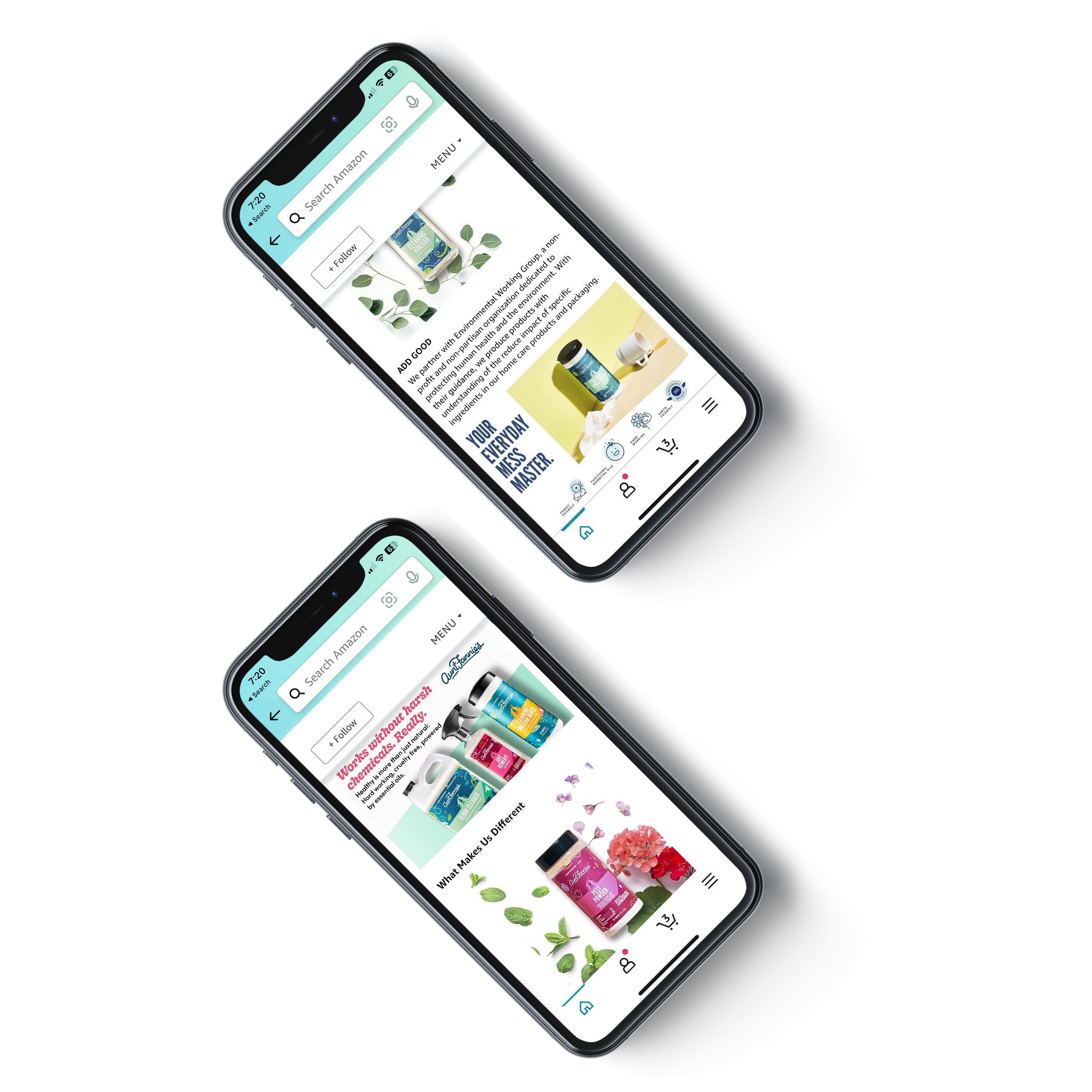 Two smartphones with Aunt Fannie's Amazon storefront displayed on their screens.